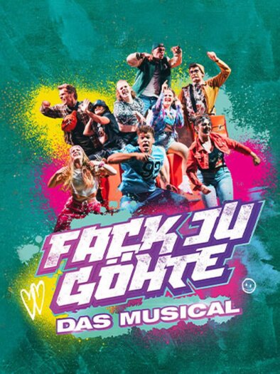 Ensemble of the musicals "Fack ju Göhte" in a dynamic group pose in front of a colorfully designed background. | © ShowSlot