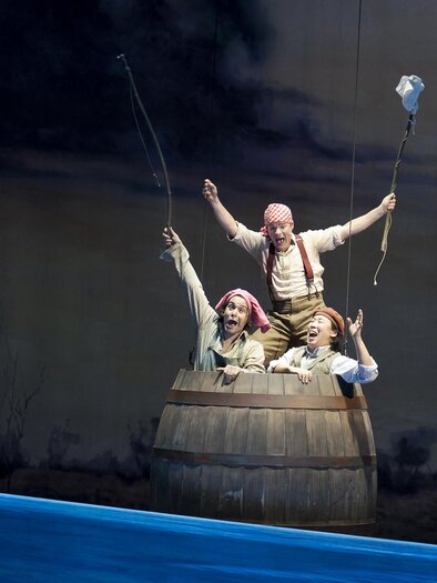 Three performers in a barrel on the stage of the musical "Tom Sawyer" at the Graz Opera. | © Werner Kmetitsch