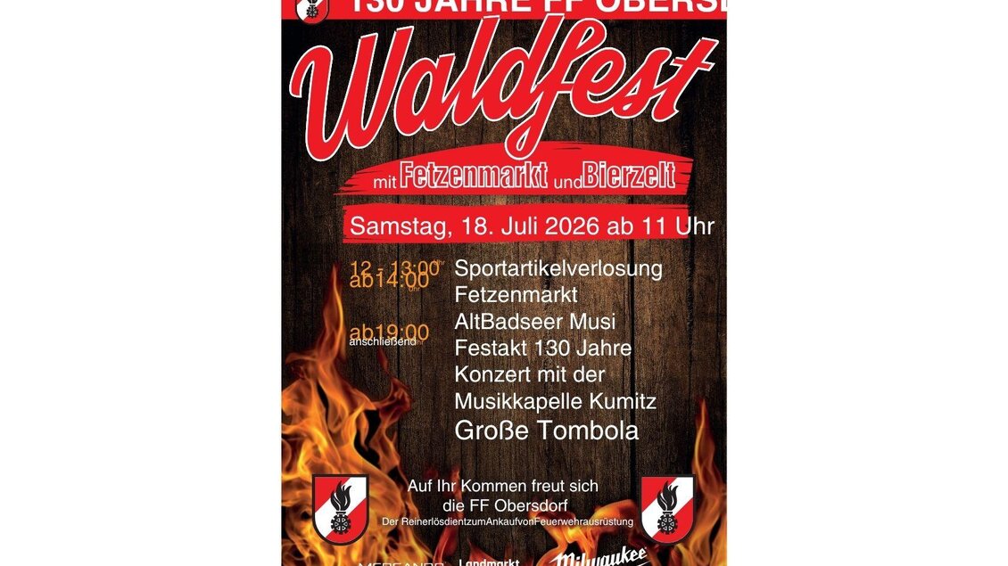 Ein Plakat für das Waldfest der FF Obersdorf, das 130 Jahre Feierlichkeiten ankündigt. Es zeigt wichtige Informationen über das Event, darunter den Termin und die Aktivitäten. | © FF-Obersdorf