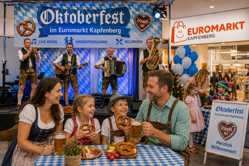 Eine Gruppe von vier Personen feiert in traditioneller bayerischer Tracht. Sie halten Brezeln und bayerische Flaggen und stehen vor einem modernen Gebäude. | © Mema/ChatGPT