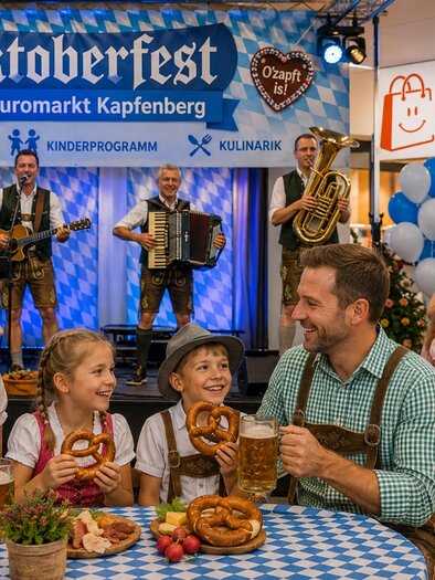 Eine Gruppe von vier Personen feiert in traditioneller bayerischer Tracht. Sie halten Brezeln und bayerische Flaggen und stehen vor einem modernen Gebäude. | © Mema/ChatGPT