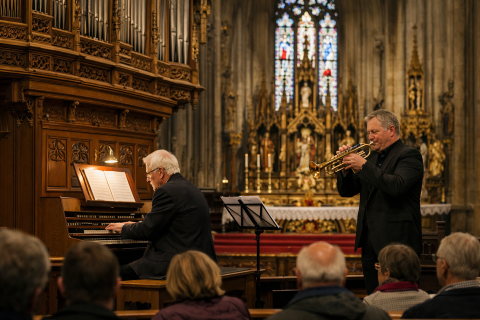 <p>Orgelspieler und Trompeter konzertieren sich beim Musizieren in der gotischen Kirche in Gratwein-Straßengel, Publikum im Vordergrund.</p> | © ChatGPT-Christine Rotschädl