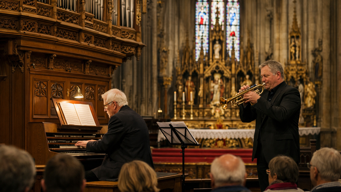 <p>Orgelspieler und Trompeter konzertieren sich beim Musizieren in der gotischen Kirche in Gratwein-Straßengel, Publikum im Vordergrund.</p> | © ChatGPT-Christine Rotschädl