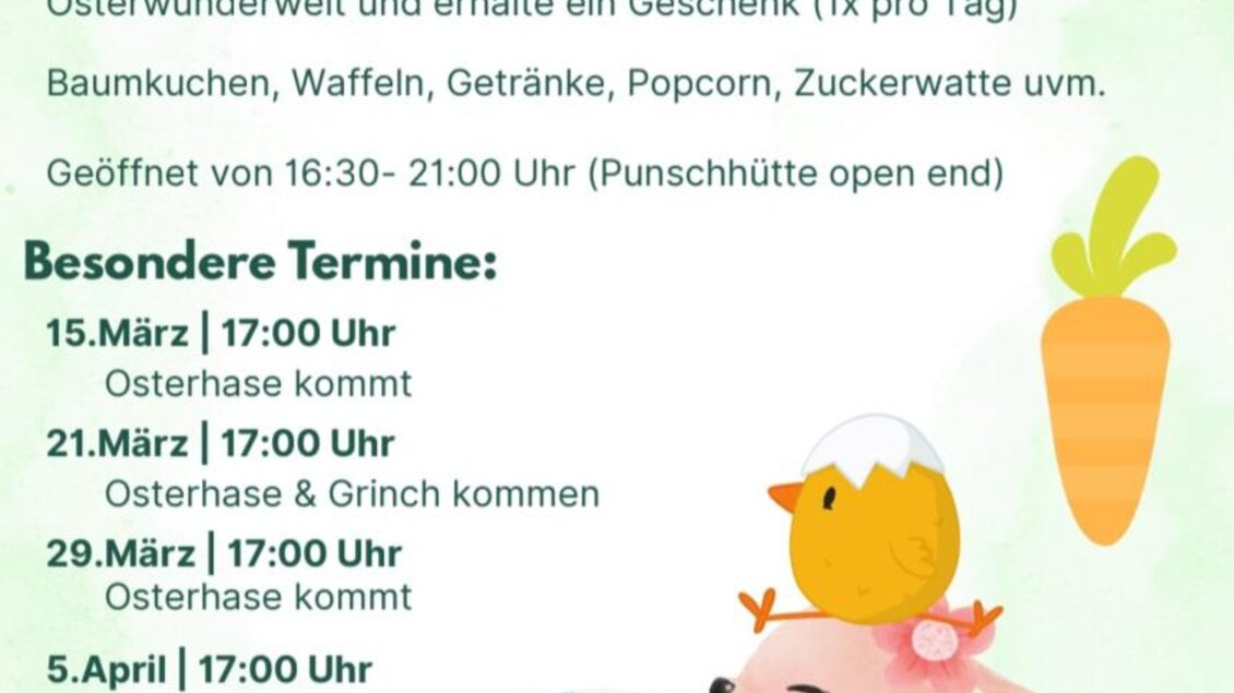 Ein farbenfrohes Plakat mit bunten Ostereiern und dem Veranstaltungstext. Es gibt Informationen zu einem Osterfest mit Aktivitäten und Preisverlosungen. | © Osterwunderwelt Steiermark
