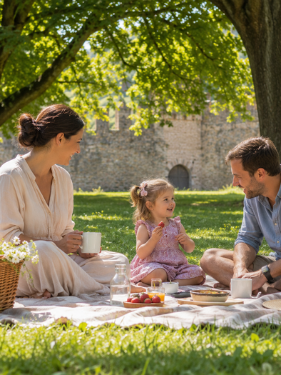 Familie mit Kind bei einem Picknick auf einer Wiese unter großen Bäumen vor einer Schlossmauer. | © ChatGPT-Christine Rotschädl