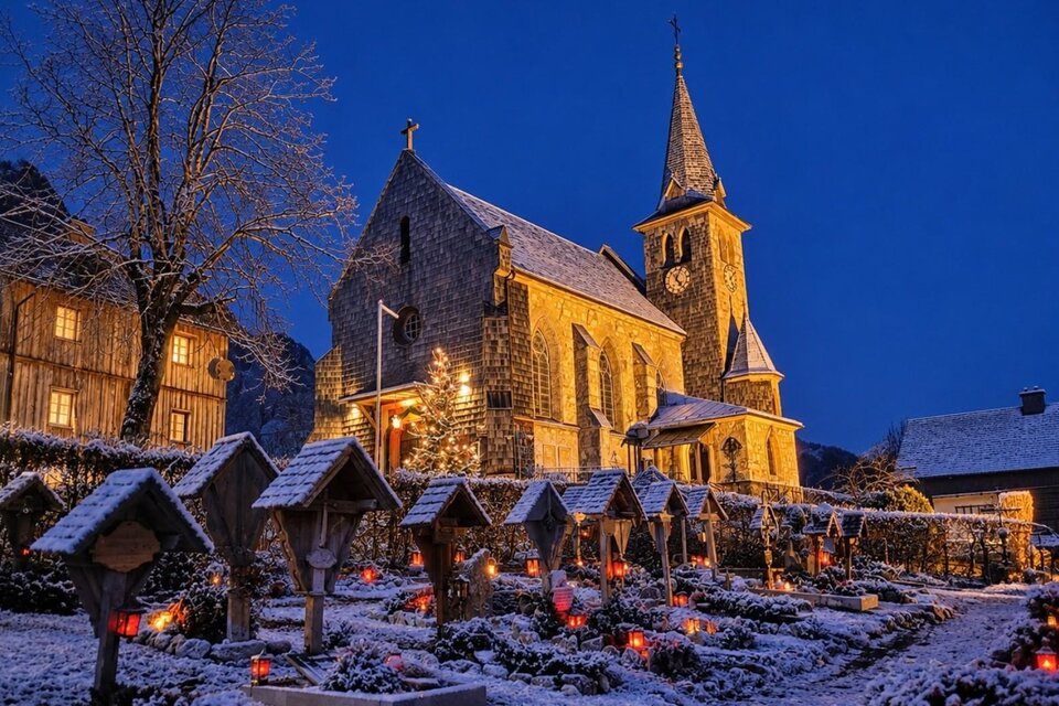 Eine malerische Kirche im Schnee, umgeben von beleuchteten Grabstätten. Der Himmel ist dunkelblau und die Atmosphäre ist ruhig und festlich. | © Bettina Scheck