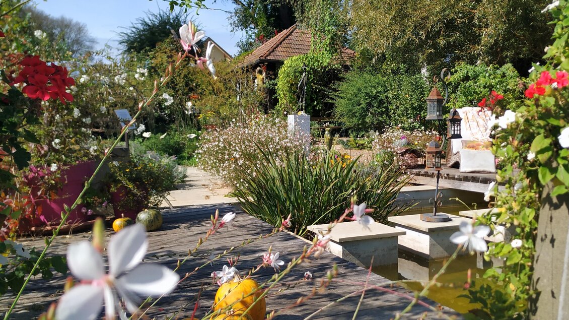 Ein schöner Garten mit bunten Blumen und grünen Pflanzen. Im Hintergrund sind stilvolle Gartenmöbel und ein Teich sichtbar. | © Manuela Schweinzer-Riegler