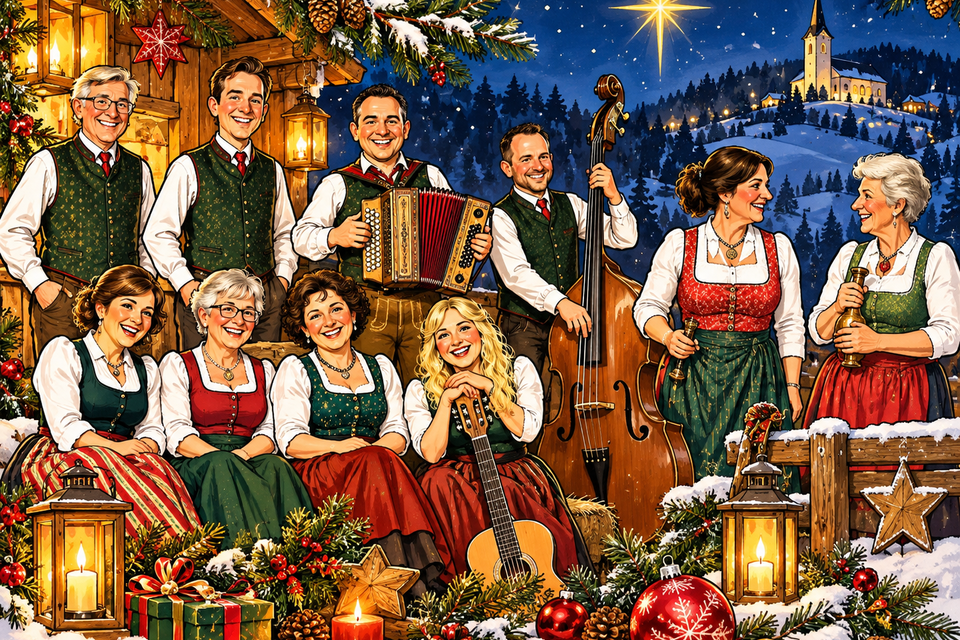Illustrierte Adventszene mit Musikern und Sängerinnen in Tracht, Harmonika, Kontrabass und Gitarre vor winterlicher Kulisse. | © ChatGPT-Christine Rotschädl