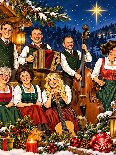 Illustrierte Adventszene mit Musikern und Sängerinnen in Tracht, Harmonika, Kontrabass und Gitarre vor winterlicher Kulisse. | © ChatGPT-Christine Rotschädl