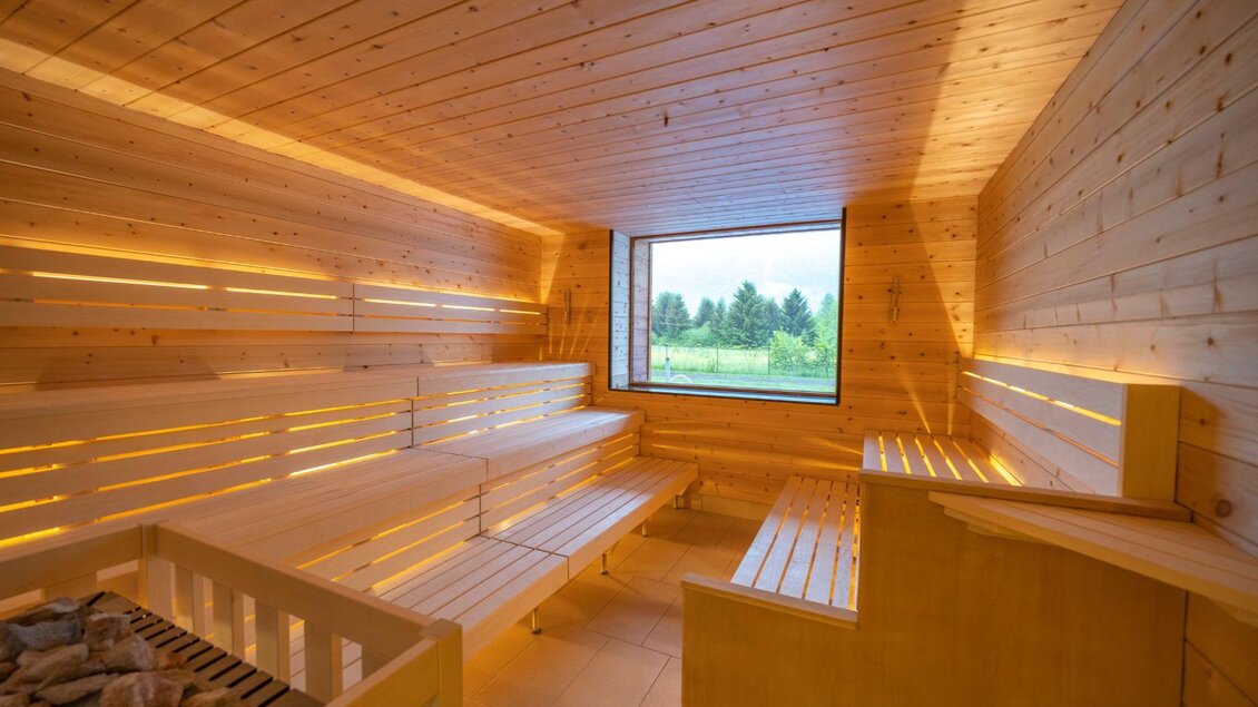 Eine helle Sauna mit Holzverkleidung und LED-Beleuchtung. Durch ein großes Fenster blickt man auf die Natur draußen. | © Thomas Lahnsteiner