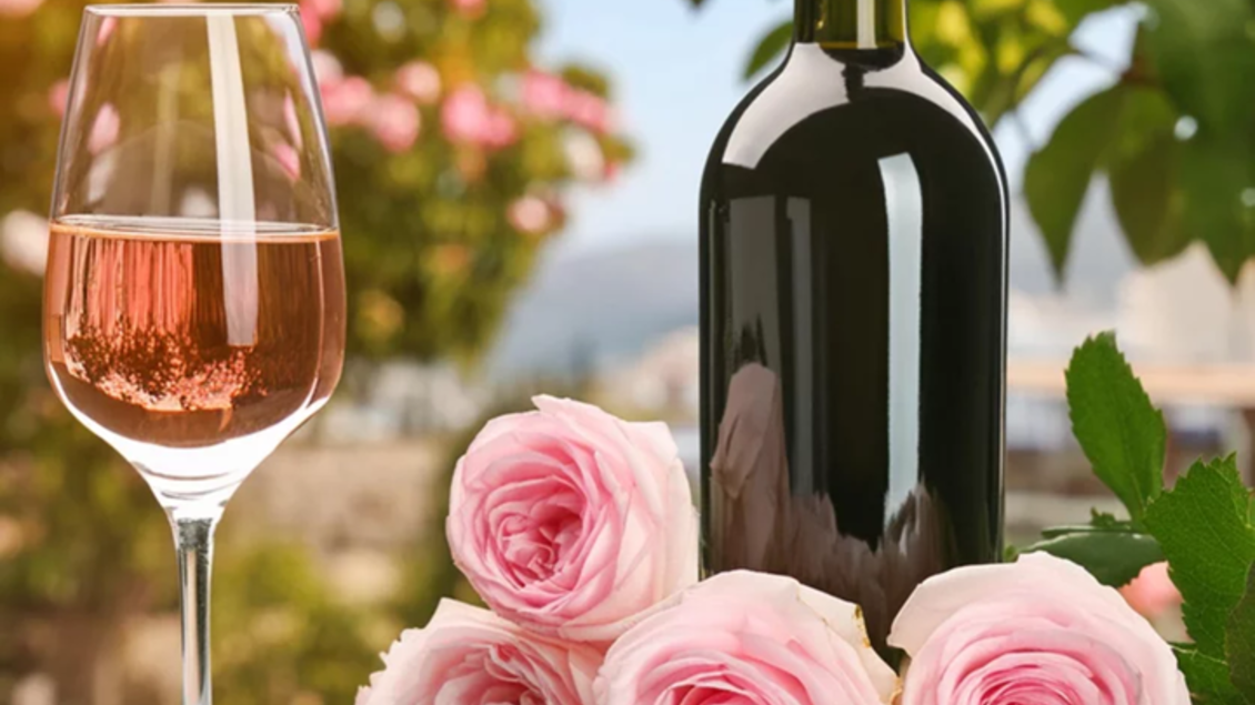 Ein Glas Roséwein steht neben einer Flasche Wein und frischen rosa Rosen. Die schöne Präsentation wirkt einladend und romantisch.