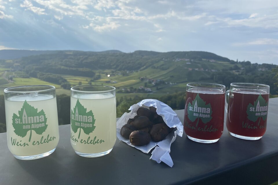 Zwei Gläser mit Getränken stehen auf einem Tisch, links ein klares, weißes Getränk und rechts ein rotes Getränk. Neben den Gläsern liegt eine Packung mit Snacks und im Hintergrund erstreckt sich eine grüne Landschaft. | © Karin Grießbacher