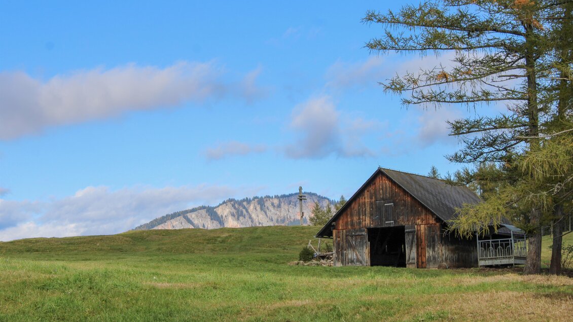 Eine alte Scheune steht in einer grünen Wiese mit einem Hügel im Hintergrund. Der Himmel ist blau mit einigen Wolken. | © Laura Trieb