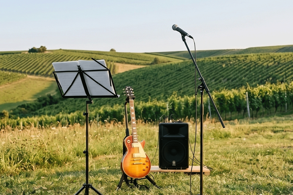 Eine elektrische Gitarre und ein Mikrofon stehen auf einem Stativ inmitten von Weinbergen. Im Hintergrund erstrecken sich sanfte Hügel und grüne Weinreben. | © LOISIUM