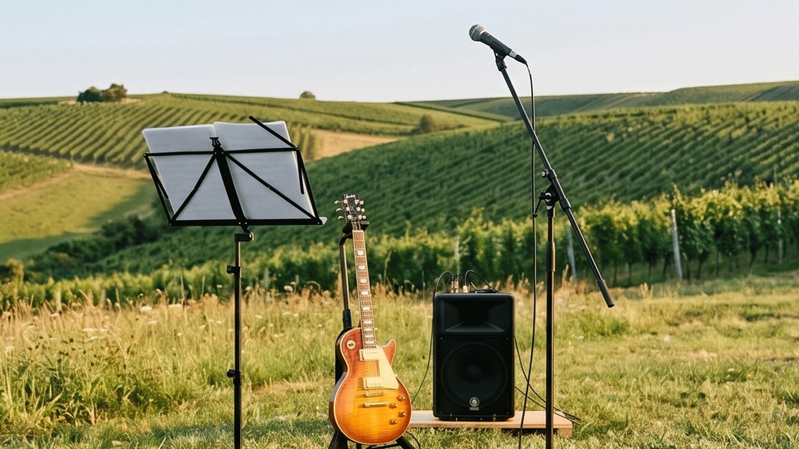 Eine elektrische Gitarre und ein Mikrofon stehen auf einem Stativ inmitten von Weinbergen. Im Hintergrund erstrecken sich sanfte Hügel und grüne Weinreben. | © LOISIUM