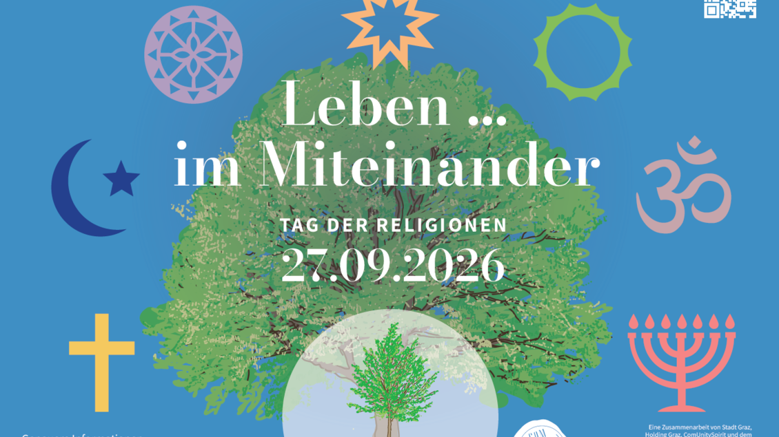 Veranstaltungssujet zum Tag der Religionen 2026 in Graz mit Baum und Symbolen verschiedener Religionen. | © Afro-Asiatisches Institut Graz