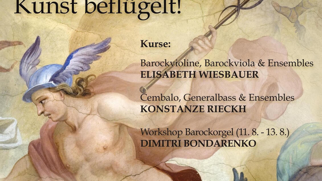 Ein Veranstaltungsplakat für die "Tage der Alten Musik" im Schloss Pöllau bei Hartberg. Es zeigt kunstvolle Darstellungen von Figuren und Informationen zu Sommerkurse und Konzerten vom 5. bis 10. August 2025. | © Tage der Alten Musik