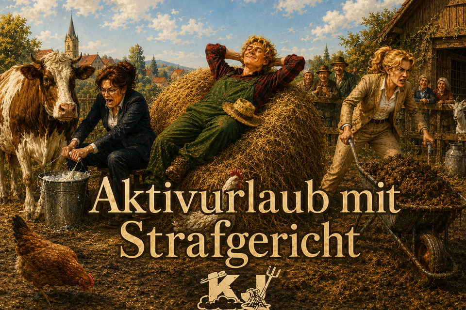 Werbegrafik für das Sommertheater am Hüblerhof in Semriach mit humorvoll dargestellten Szenen eines Bauernhofs. | © ChatGPT-Christine Rotschädl