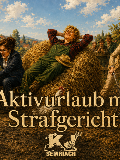 Promotional graphics for the summer theater at Hüblerhof in Semriach featuring humorously depicted scenes of a farm. | © ChatGPT-Christine Rotschädl