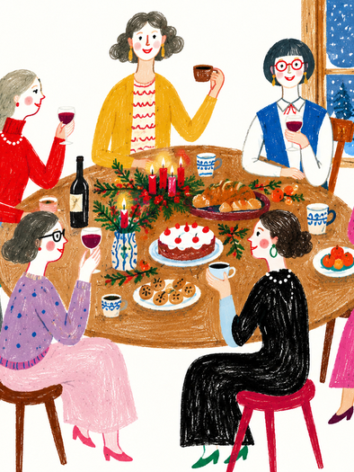 Bunte Zeichnung von sechs Frauen an einer weihnachtlich gedeckten Tafel mit Adventkranz, Torte und Getränken. | © ChatGPT-Christine Rotschädl