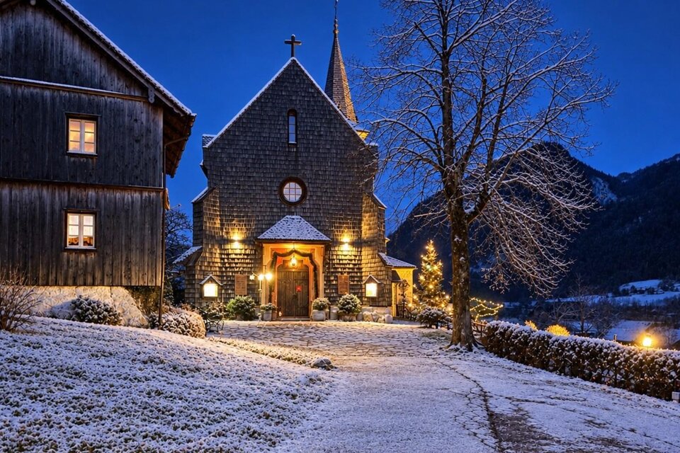 Eine charmante Kirche im Schnee, beleuchtet von warmem Licht. Die Umgebung ist malerisch mit schneebedeckten Bäumen und Bergen im Hintergrund. | © Bettina Scheck