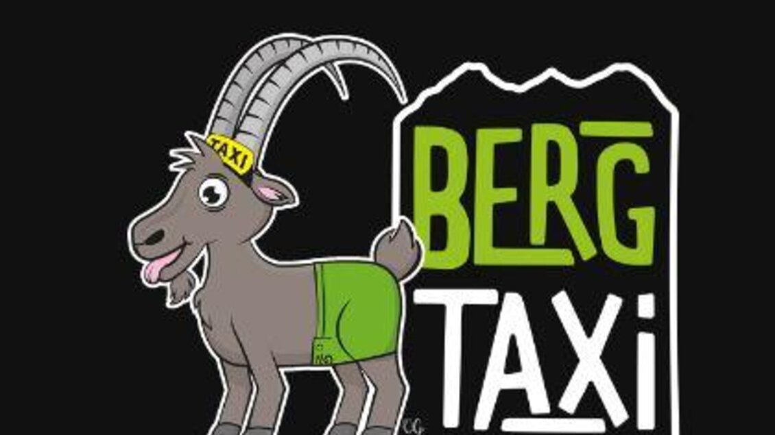Ein fröhliches, cartoonhaftes Eichhörnchen mit einem Taxi-Hut und einem grünen Outfit steht neben dem Schriftzug "BERG TAXI". Der Hintergrund ist schwarz und hebt das Bild hervor.