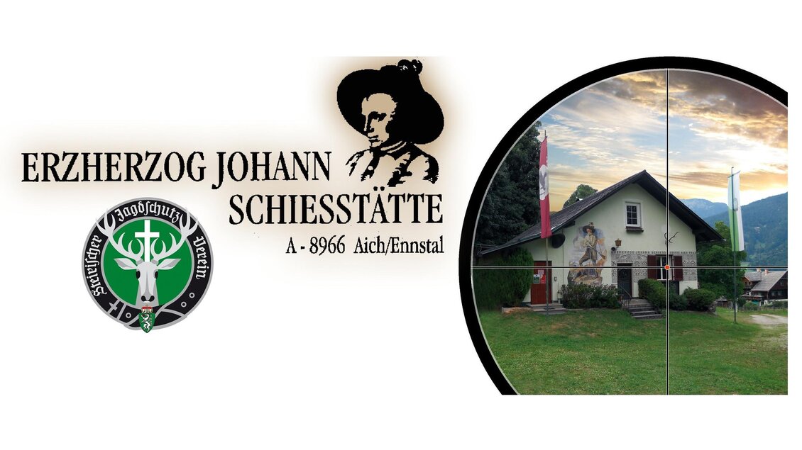 Eine Informationsgrafik über die Schießstätte Erzherzog Johann in Aich/Ennstal. Das Bild zeigt das Gebäude mit einer malerischen Berglandschaft im Hintergrund. | © Erzherzog-Johann-Schießstätte Aich