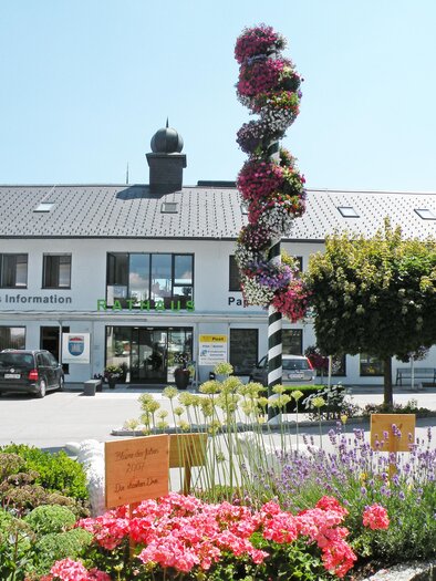 A well-designed building with tourist information, surrounded by colorful flowers and plants. In the background, green hills and a blue sky can be seen. | © Marktgemeinde Haus