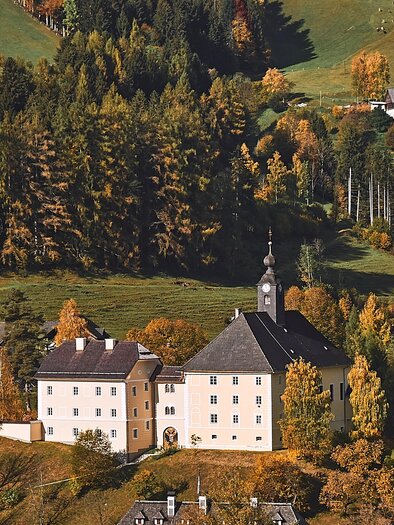 Eine beeindruckende Burg umgeben von bunten Bäumen im Herbst. Die Landschaft ist vielfältig und grün, mit sanften Hügeln und verstreuten Häusern. | © Armin Walcher