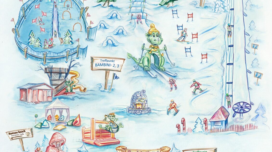 Eine detaillierte Skizze eines Winterferienortes mit verschiedenen Aktivitäten wie Skifahren, einem Kinderbereich und einem Karussell. Die Karte zeigt auch die Standorte von Einrichtungen und Beschilderungen. | © Kaliland | Alpincenter Dachstein