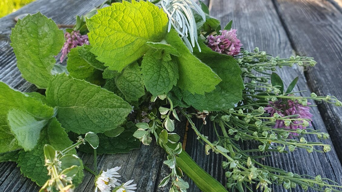 Ein buntes Arrangement aus frischen Kräutern und Blumen liegt auf einem holzernen Tisch. Im Hintergrund ist eine grüne Wiese und ein Gebäude zu sehen. | © Verena Novak