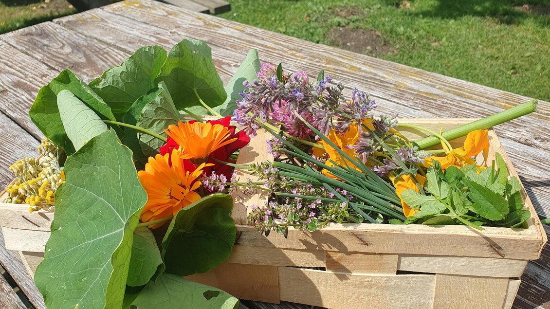Ein Holzkasten mit bunten Blumen und frischen Blättern liegt auf einem Holztisch. Die Farben sind lebhaft und die Szene wirkt natürlich und frisch. | © Verena Novak