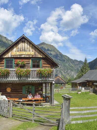 Eine malerische Alpenlandschaft mit traditionellen Holzgebäuden und blühenden Blumen. Im Vordergrund sitzen Menschen an einem Tisch und genießen die Natur. | © Herfried Marek