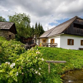 Ein traditionelles Haus inmitten von grünen Wiesen und Bäumen. Neben dem Haus steht eine kleine, rustikale Scheune. | © Salzstiegl Tourismus - Tom Lamm