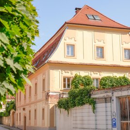 Ein schönes, historisches Haus mit gelber Fassade und grünen Pflanzen. Der Himmel ist klar und sorgt für eine angenehme Atmosphäre. | © Tourismusverband Oststeiermark