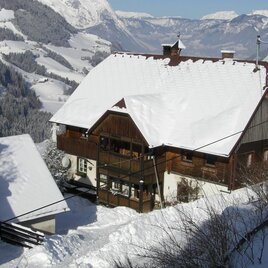 Ein gemütliches Holzhaus im Schnee, umgeben von Bergen und Tannen. Die Landschaft ist winterlich und malerisch.