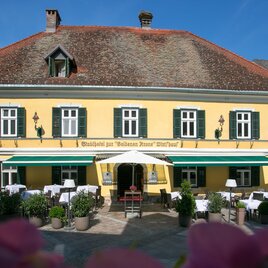 Ein charmantes gelbes Gebäude mit grünen Fensterläden. Vor dem Haus befinden sich Tische und Stühle im Freien, umgeben von Pflanzen. | © Hoel zur goldenen Krone