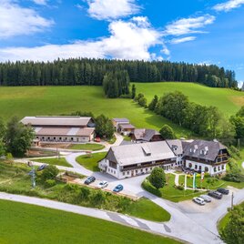 Eine ländliche Ansicht mit mehreren Gebäuden in einer grünen Umgebung. Im Hintergrund gibt es Wälder und einen klaren Himmel.
