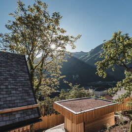 A beautiful view of the mountains with trees and sunlight. In the foreground, a garden area can be seen. | © TV Gesäuse