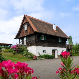 Ein charmantes Holzhaus mit einem roten Dach, umgeben von bunten Blumen und grünen Pflanzen. Die Umgebung ist friedlich und einladend.