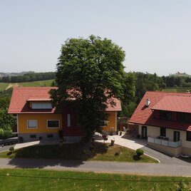 Eine moderne Wohnsiedlung mit zwei Häusern und einem großen Baum in der Mitte. Die Umgebung ist grün und ländlich, ideal für entspannte Tage. | © Ferienwohnungen Kumpitsch | Thomas Kumpitsch