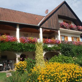 Ein charmantes Haus mit einem Garten voller bunter Blumen. Die Balkone sind mit leuchtenden Pflanzen geschmückt. | © Bad Gams Information