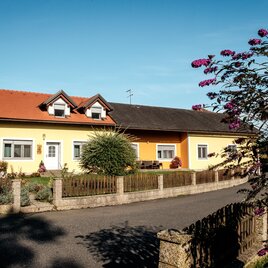 Ein gelbes Haus mit einem roten Dach und einem hübschen Garten. Die Umgebung ist ruhig mit einer kleinen Straße und bepflanzten Zäunen.