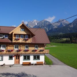 Ein charmantes Haus in den Alpen mit einem Garten und Blumenbalkonen. Im Hintergrund sind majestätische Berge und ein blauer Himmel zu sehen.