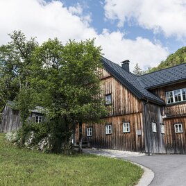 Ein traditionelles Holzhaus umgeben von Bäumen und Wiese. Im Hintergrund sind grüne Hügel und ein blauer Himmel zu sehen. | © YourAustrianHome, www.youraustrianhome.com