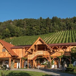Ein traditionelles Holzhaus mit drei Etagen steht vor einem schönen Weinberg. Umgeben von Bäumen und einer grünen Landschaft strahlt es ländlichen Charme aus. | © Schilcherweinhof Klug-Krainer