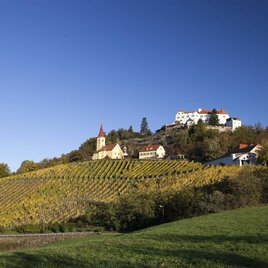 A picturesque hilly landscape with vineyards and a small village. At the top of the hill stands a lovely castle. | © Ulrike Korntheuer/Fam. Winkler-Hermaden