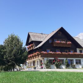 Ein schönes, traditionelles Haus mit Blumenkästen und einer grünen Wiese. Im Hintergrund sind Berge und blauer Himmel zu sehen.