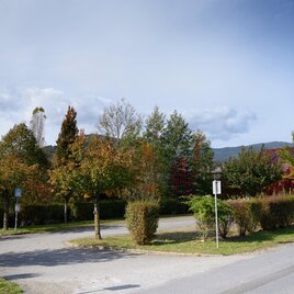 Eine ruhige Straße mit Bäumen in herbstlicher Farbenpracht. Im Hintergrund sind Berge und ein klarer Himmel sichtbar. | © Schilcherland Steiermark